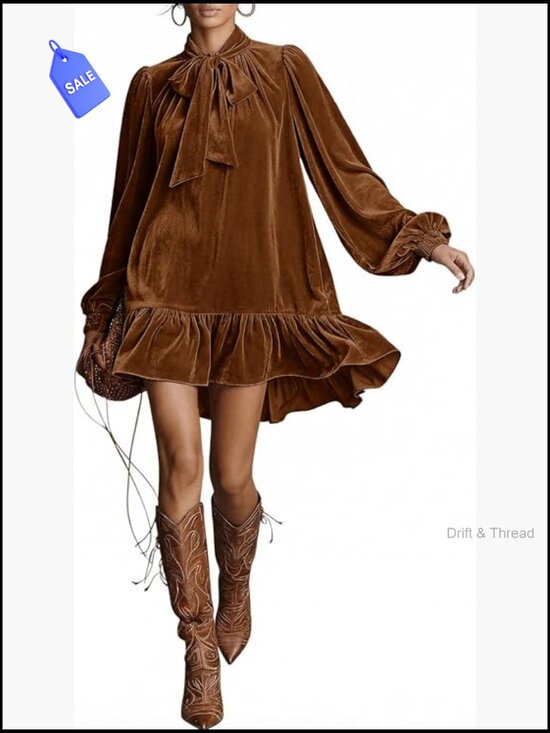 Dresses & Skirts - Long Sleeve Tie Neck Ruffle Hem Babydoll Mini Dress Casual Shift Dress